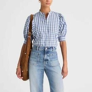 Madewell Puff-Sleeve Band-Collar Button-Up Shirt Blue White Plaid Size 00